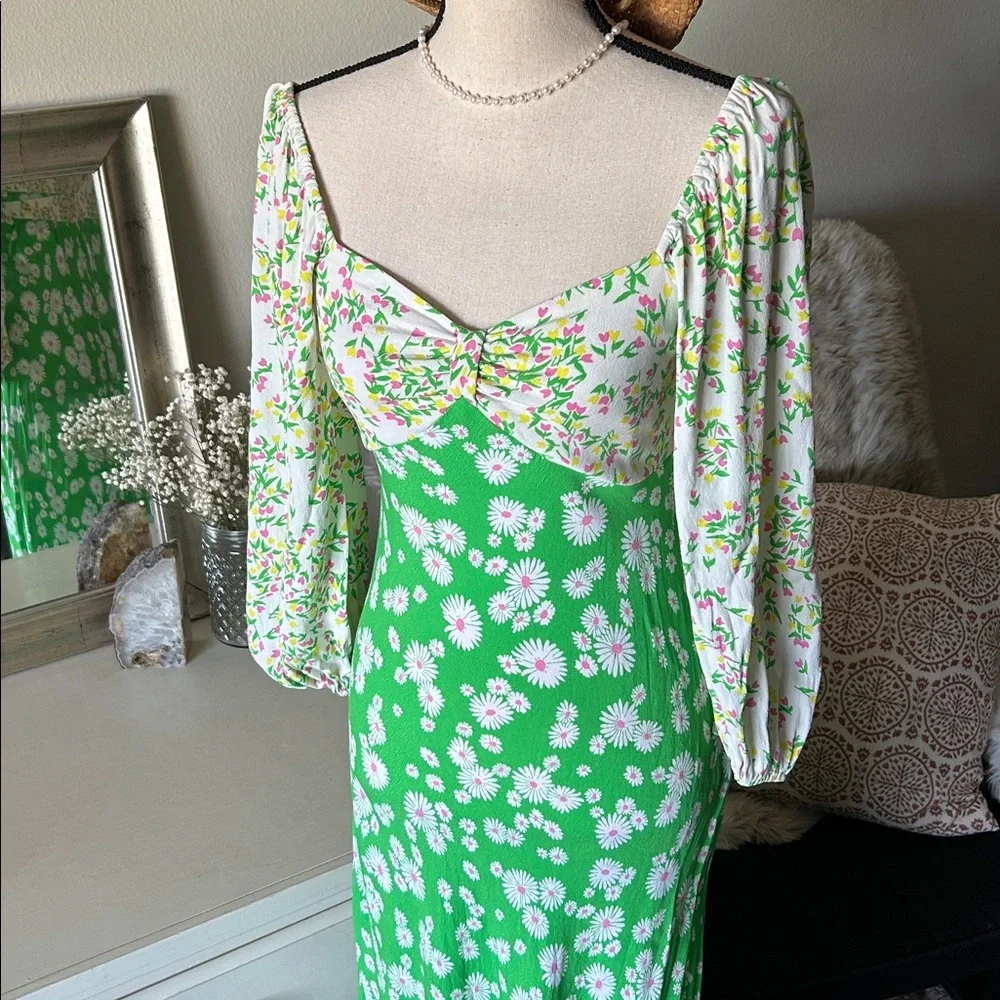 Rixo X target Vtg 70’s green floral spring puff balloon sleeve midi dress S/M 4 - Picture 2 of 11